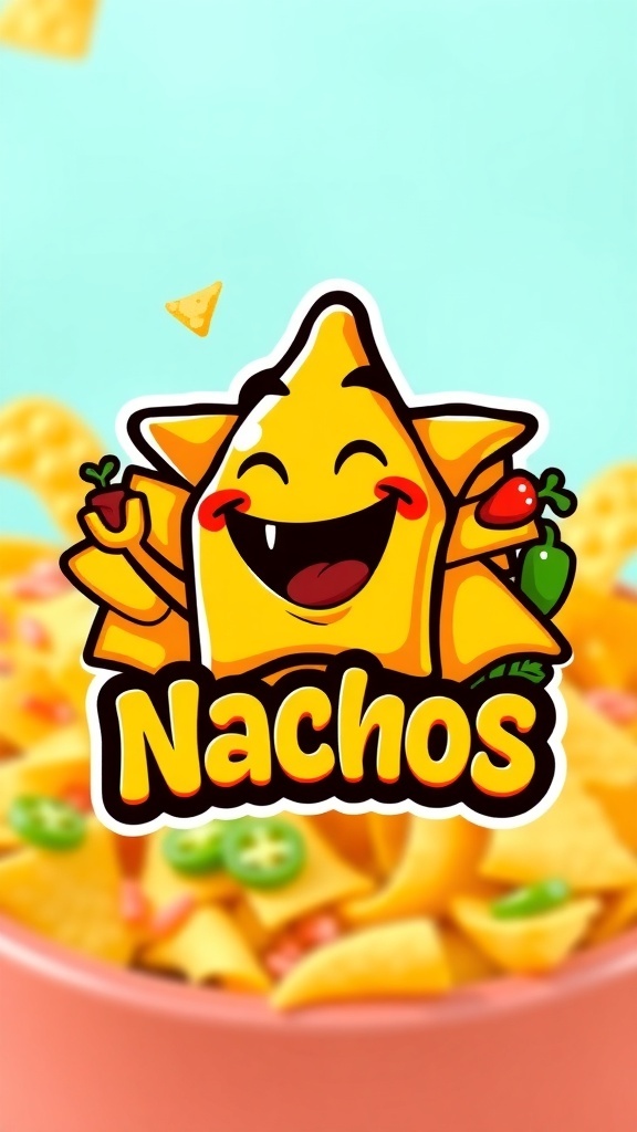 A cheerful nacho chip logo with toppings, representing a nacho-themed brand.